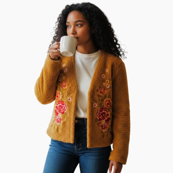 Savanna Jane Teddy Sherpa Embroidered Floral Cardigan Soft Jacket, Camel Brown - Picture 4 of 4